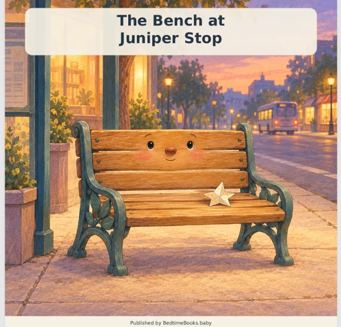 The Bench at Juniper Stop cover: Juniper the smiling bench under the evening streetlights