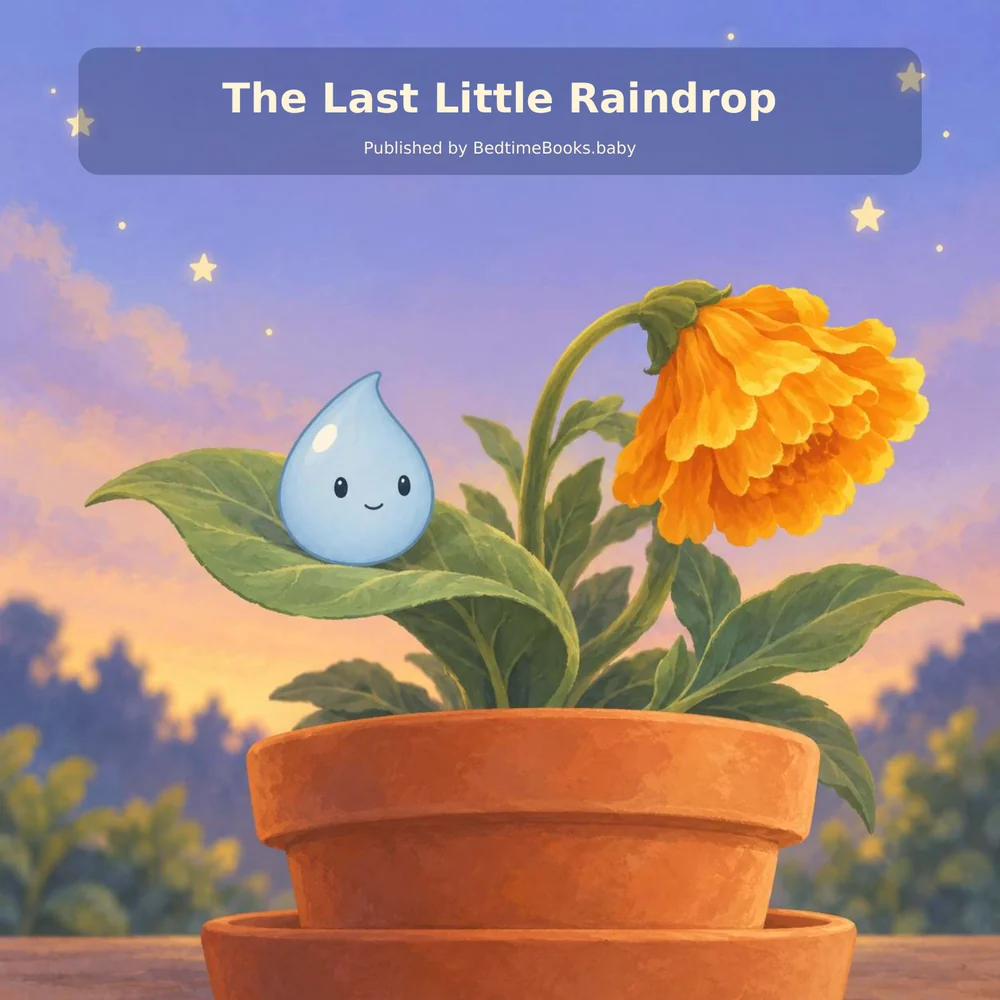 The Last Little Raindrop cover: Pip beside a marigold under a twilight sky