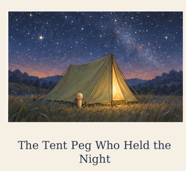 The Tent Peg Who Held the Night cover: a glowing tent under a starry meadow sky